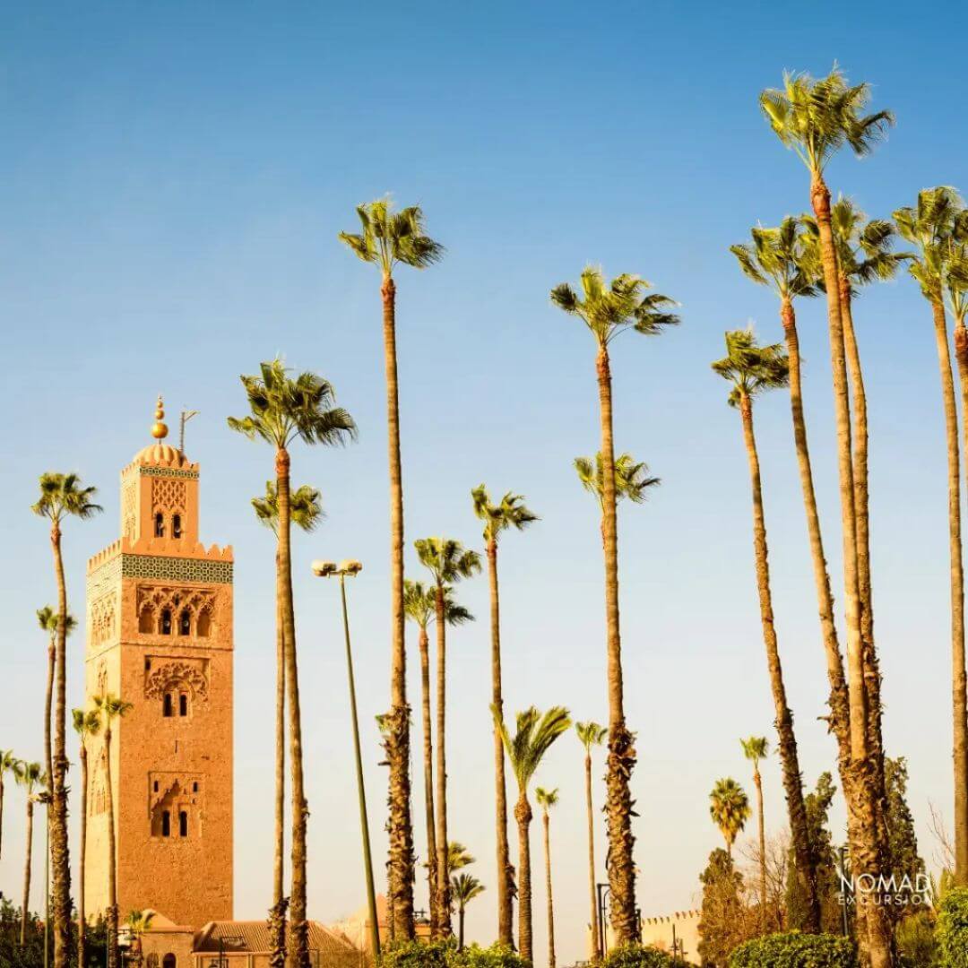 The iconic Koutoubia Mosque with its towering minaret in Marrakech